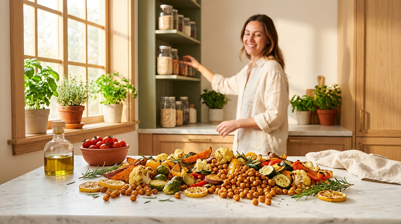 Air-fried golden vegetables and crispy chickpeas on a white marble countertop in a sunny kitchen